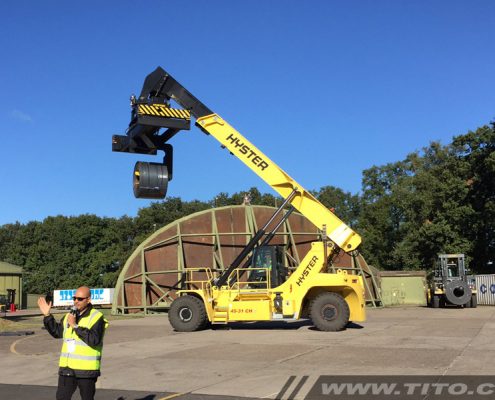 Steel coil handling with a Hyster reach stacker.